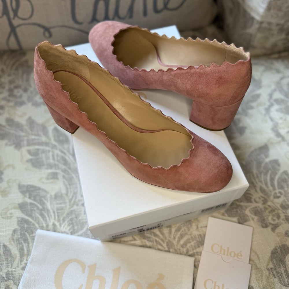 💯Authentic Chloe Lauren Scalloped Suede Block-Heel Pumps Rose Brown EU 39/ US 9